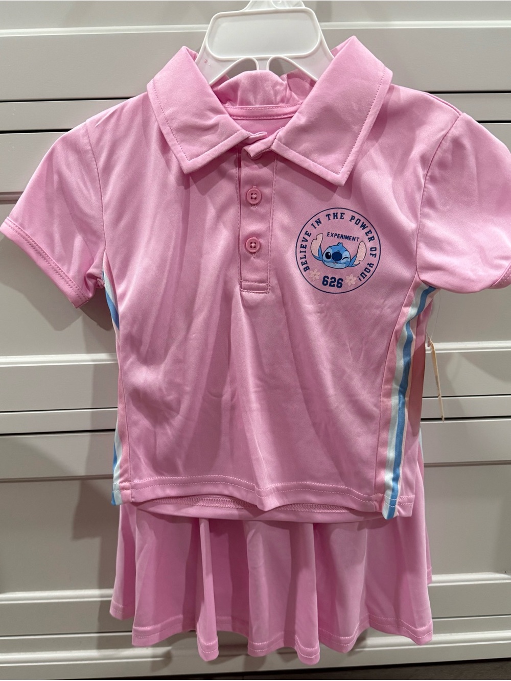 Disney Stitch Pink Polo Shirt & Skirt with Blue and White Side Stripes Size 5T